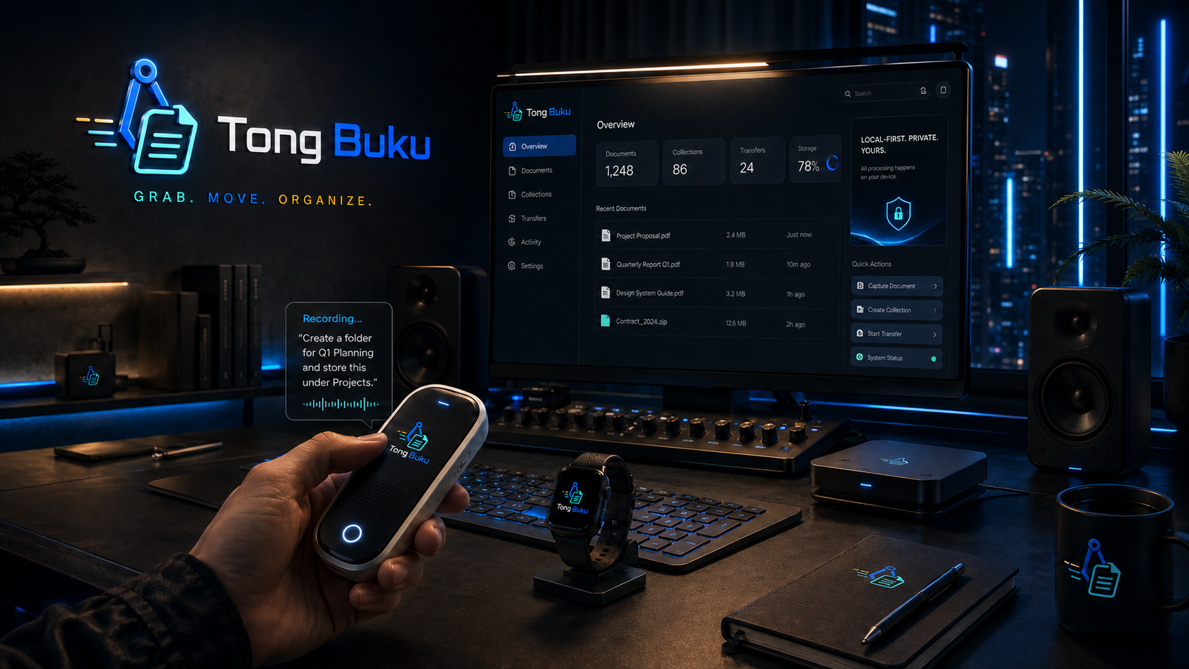Tong Buku Pocket and Forge devices in a private command-center workspace